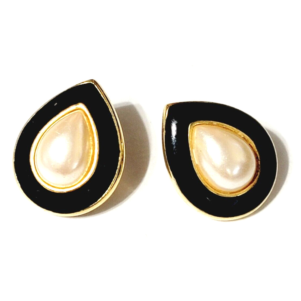 Sarah Coventry Pierced Earrings Faux Pearl Black Enamel Teardrops Designer kp-22